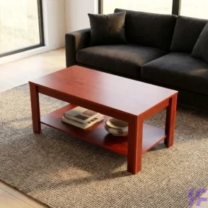 A 1.2m rectangular coffee table featuring a rich mahogany wood finish and a practical two-tier design for a modern living room or office lounge. This spacious wooden center table includes a sturdy top surface and a full-length bottom shelf, providing ample storage for books, magazines, and decor items. Designed with a clean-lined, minimalist aesthetic, this 120cm coffee table serves as a durable and stylish focal point that complements both contemporary and traditional interiors. Its robust construction and elegant wood grain make it an ideal low-profile tea table for high-traffic reception areas or home seating arrangements.