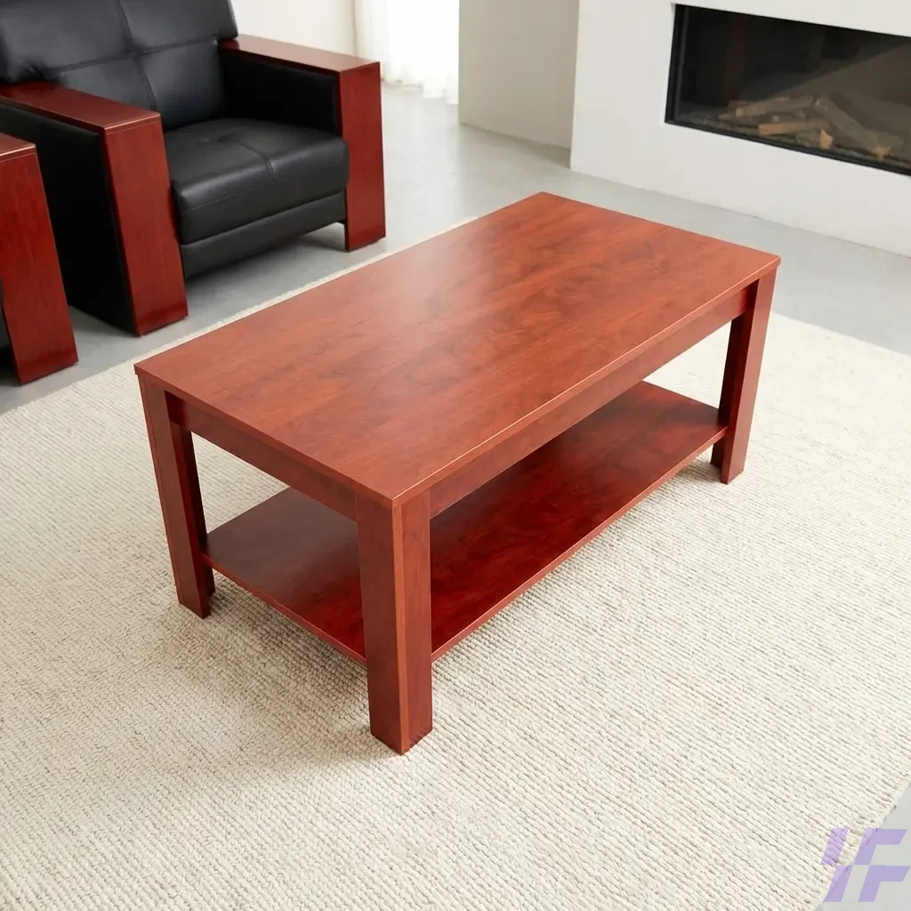 A 1.2m rectangular coffee table featuring a rich mahogany wood finish and a practical two-tier design for a modern living room or office lounge. This spacious wooden center table includes a sturdy top surface and a full-length bottom shelf, providing ample storage for books, magazines, and decor items. Designed with a clean-lined, minimalist aesthetic, this 120cm coffee table serves as a durable and stylish focal point that complements both contemporary and traditional interiors. Its robust construction and elegant wood grain make it an ideal low-profile tea table for high-traffic reception areas or home seating arrangements. A 1.2m rectangular coffee table featuring a rich mahogany wood finish and a practical two-tier design for a modern living room or office lounge. This spacious wooden center table includes a sturdy top surface and a full-length bottom shelf, providing ample storage for books, magazines, and decor items. Designed with a clean-lined, minimalist aesthetic, this 120cm coffee table serves as a durable and stylish focal point that complements both contemporary and traditional interiors. Its robust construction and elegant wood grain make it an ideal low-profile tea table for high-traffic reception areas or home seating arrangements.
