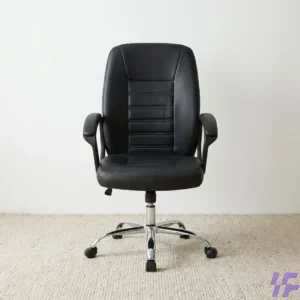 An ergonomic medium back leather office chair featuring a sleek black PU leather finish and horizontal ribbed stitching for a sophisticated, professional look. This swivel executive chair is designed with a contoured backrest to provide essential lumbar support, paired with integrated armrests for enhanced comfort during long working hours. The sturdy chrome star base includes smooth-rolling swivel casters, making it a highly mobile and durable adjustable computer chair suitable for home offices or corporate workspaces. Ideal for those seeking a stylish yet functional mid-back task chair, this piece combines modern aesthetics with practical features to improve daily workplace productivity.