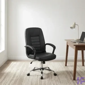 An ergonomic medium back leather office chair featuring a sleek black PU leather finish and horizontal ribbed stitching for a sophisticated, professional look. This swivel executive chair is designed with a contoured backrest to provide essential lumbar support, paired with integrated armrests for enhanced comfort during long working hours. The sturdy chrome star base includes smooth-rolling swivel casters, making it a highly mobile and durable adjustable computer chair suitable for home offices or corporate workspaces. Ideal for those seeking a stylish yet functional mid-back task chair, this piece combines modern aesthetics with practical features to improve daily workplace productivity.