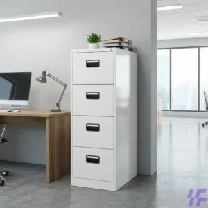 Vertical white metal 4-drawer filing cabinet with handles and locks, offering secure office storage for documents and folders.