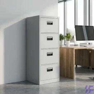 Vertical white metal 4-drawer filing cabinet with handles and locks, offering secure office storage for documents and folders.