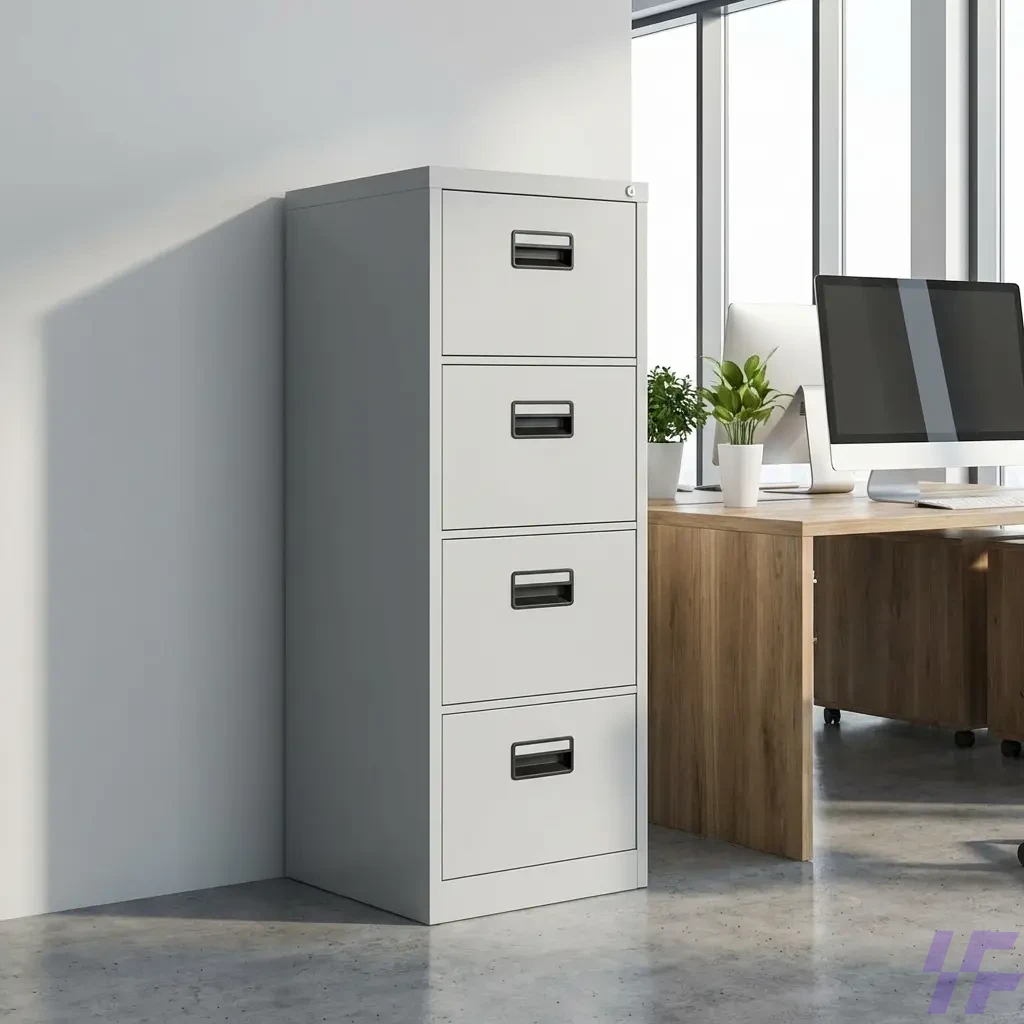 Vertical white metal 4-drawer filing cabinet with handles and locks, offering secure office storage for documents and folders. Vertical white metal 4-drawer filing cabinet with handles and locks, offering secure office storage for documents and folders.