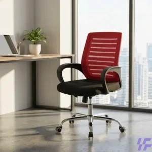Ergonomic office chair with a vibrant red mesh back, contoured black seat, and polished chrome base for modern home or work offices.