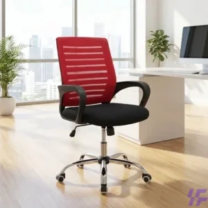 Ergonomic office chair with a vibrant red mesh back, contoured black seat, and polished chrome base for modern home or work offices.