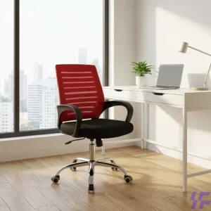 Ergonomic office chair with a vibrant red mesh back, contoured black seat, and polished chrome base for modern home or work offices.