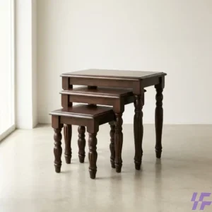 Set of three interlocking wooden nest stools with a natural oak finish and minimalist design, ideal for space-saving side tables or additional seating. Set of three interlocking wooden nest stools with a natural oak finish and minimalist design, ideal for space-saving side tables or additional seating.