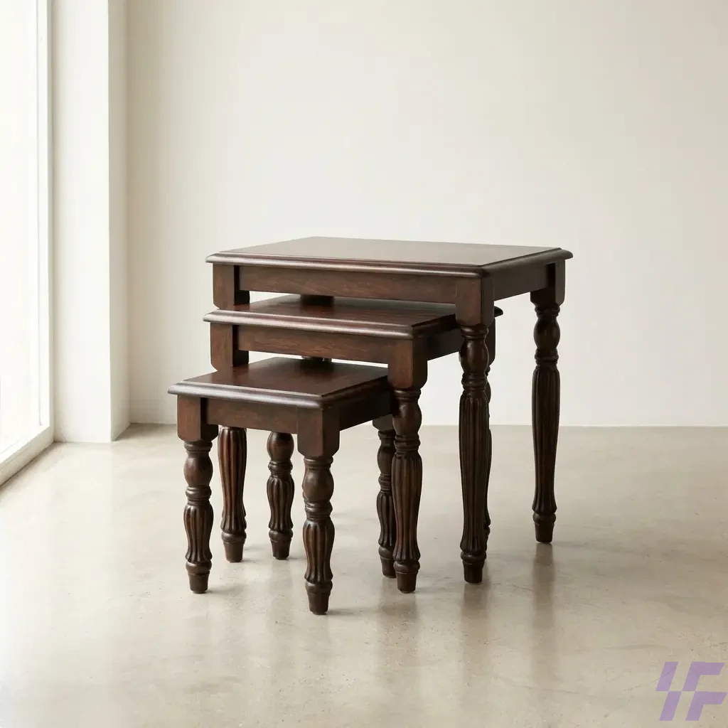 Set of three interlocking wooden nest stools with a natural oak finish and minimalist design, ideal for space-saving side tables or additional seating. Set of three interlocking wooden nest stools with a natural oak finish and minimalist design, ideal for space-saving side tables or additional seating.