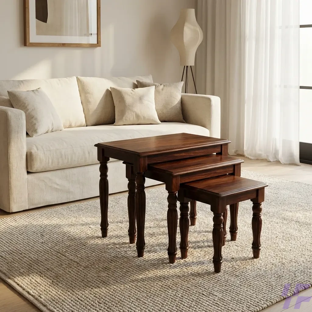 Set of three interlocking wooden nest stools with a natural oak finish and minimalist design, ideal for space-saving side tables or additional seating. Set of three interlocking wooden nest stools with a natural oak finish and minimalist design, ideal for space-saving side tables or additional seating.