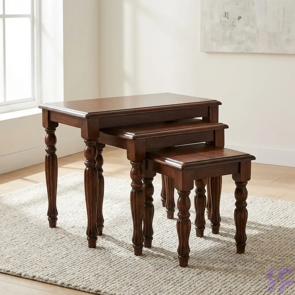 Set of three interlocking wooden nest stools with a natural oak finish and minimalist design, ideal for space-saving side tables or additional seating. Set of three interlocking wooden nest stools with a natural oak finish and minimalist design, ideal for space-saving side tables or additional seating.