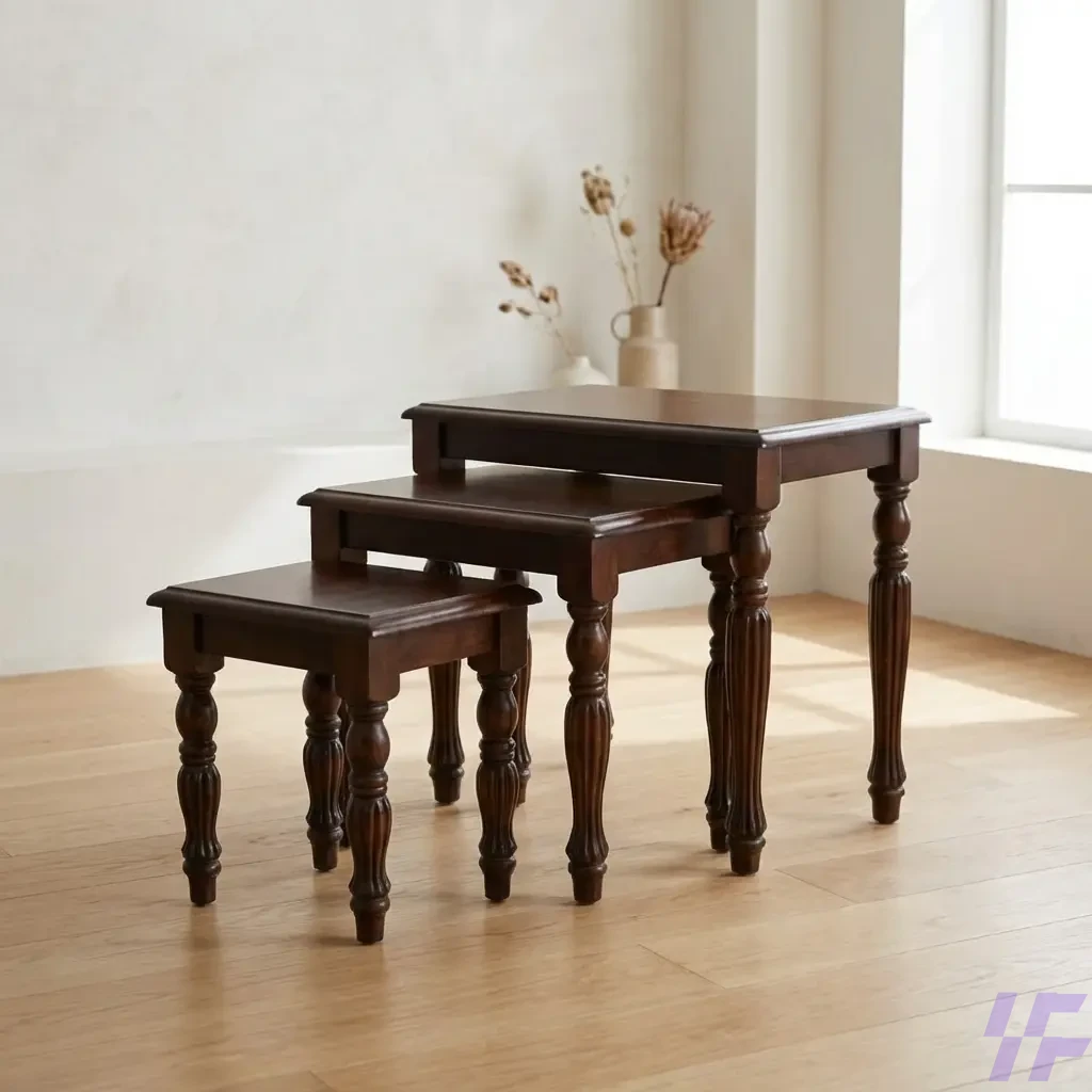 Set of three interlocking wooden nest stools with a natural oak finish and minimalist design, ideal for space-saving side tables or additional seating. Set of three interlocking wooden nest stools with a natural oak finish and minimalist design, ideal for space-saving side tables or additional seating.