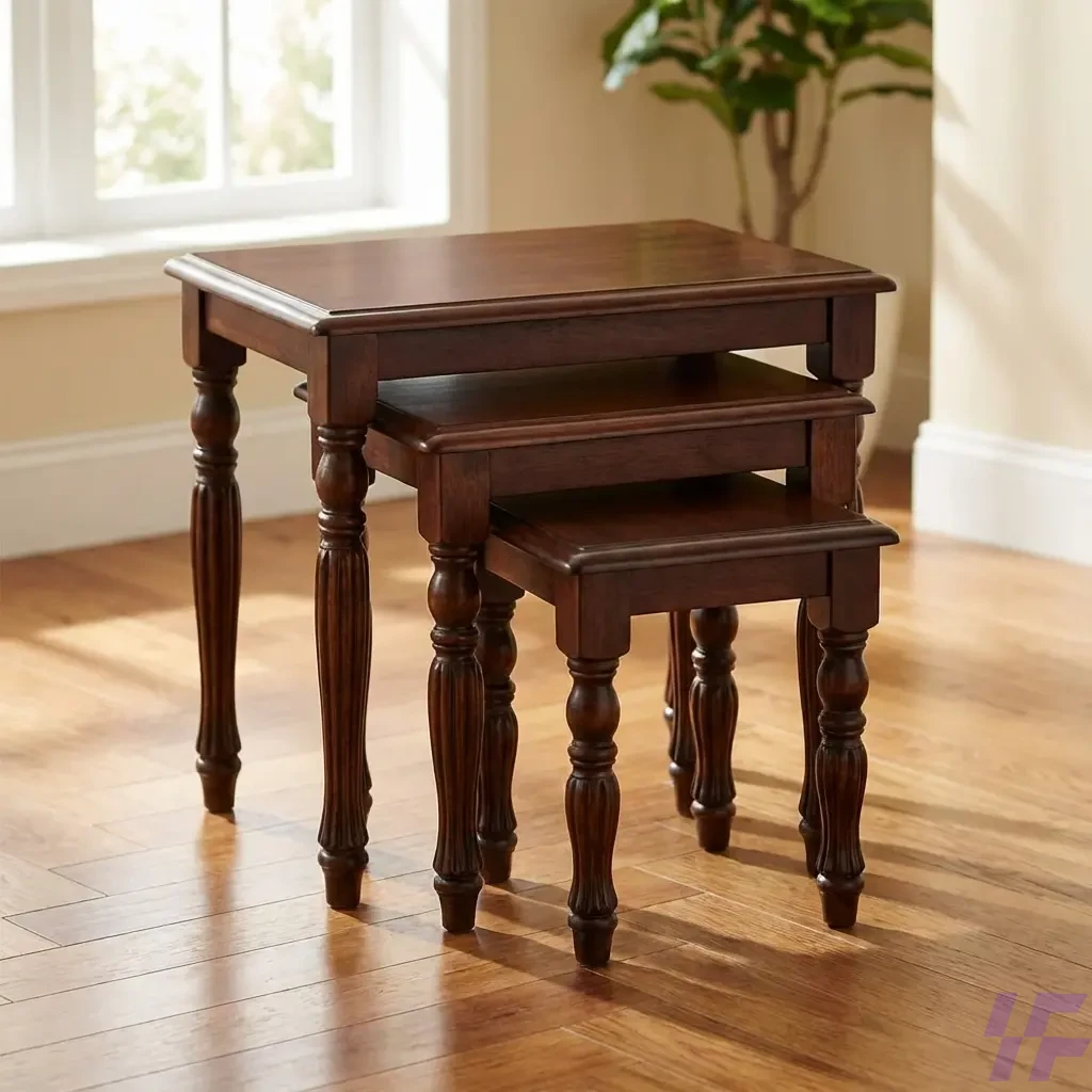 Set of three interlocking wooden nest stools with a natural oak finish and minimalist design, ideal for space-saving side tables or additional seating. Set of three interlocking wooden nest stools with a natural oak finish and minimalist design, ideal for space-saving side tables or additional seating.