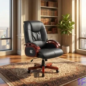 Premium leather director's recliner office chair with an integrated footrest, high-back ergonomic support, and plush padding for executive comfort.