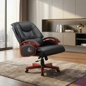 Premium leather director's recliner office chair with an integrated footrest, high-back ergonomic support, and plush padding for executive comfort.
