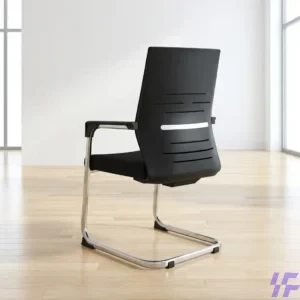 Elegant black leather boardroom chair with an ergonomic high-back design, integrated armrests, and a sleek chrome base for professional conference rooms.