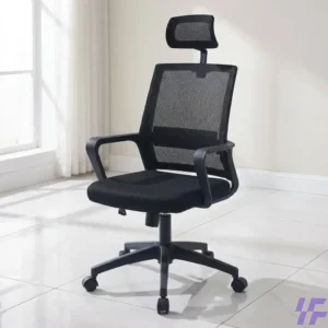 Ergonomic mesh office chair with breathable backrest, lumbar support, and adjustable height for comfortable all-day seating in a professional workspace.