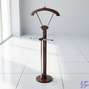 Modern vertical wooden coat hanger with a freestanding tripod base and multiple hanging hooks for organized entryway storage of coats, hats, and bags.