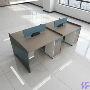Modular office workstation featuring a wooden desk with integrated fabric privacy partitions for shared workspace organization and acoustic comfort.