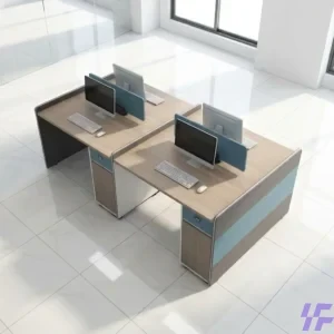 Modular office workstation featuring a wooden desk with integrated fabric privacy partitions for shared workspace organization and acoustic comfort.
