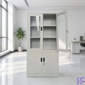 Durable lockable steel filing cabinet with reinforced shelves and secure dual-door storage for organized office document and file protection.