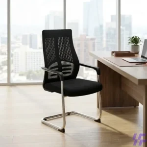 Contemporary mesh office waiting chair with a breathable backrest, sturdy metal frame, and comfortable armrests for reception areas and guest seating.