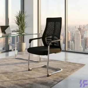 Contemporary mesh office waiting chair with a breathable backrest, sturdy metal frame, and comfortable armrests for reception areas and guest seating.