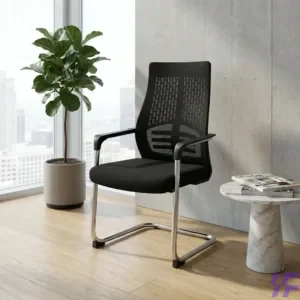 Contemporary mesh office waiting chair with a breathable backrest, sturdy metal frame, and comfortable armrests for reception areas and guest seating.