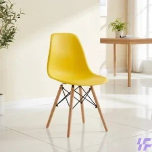 Modern Yellow Eames Plastic Side Chair with Sturdy Wood Legs and Ergonomic Molded Shell Design for Contemporary Home or Office Dining Decor