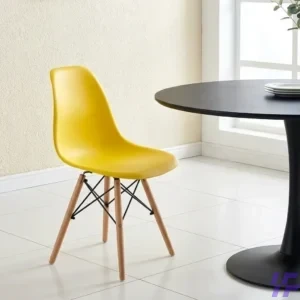 Modern Yellow Eames Plastic Side Chair with Sturdy Wood Legs and Ergonomic Molded Shell Design for Contemporary Home or Office Dining Decor