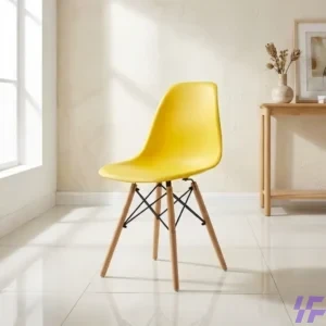 Modern Yellow Eames Plastic Side Chair with Sturdy Wood Legs and Ergonomic Molded Shell Design for Contemporary Home or Office Dining Decor