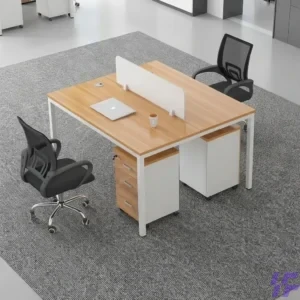 Modern 2-Way Office Workstation Pod with Integrated Privacy Screen, Dual Cable Management Ports, and Shared Metal Frame for Collaborative Team Productivity