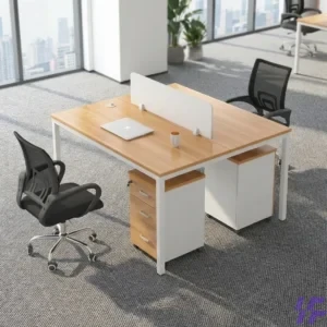 Modern 2-Way Office Workstation Pod with Integrated Privacy Screen, Dual Cable Management Ports, and Shared Metal Frame for Collaborative Team Productivity