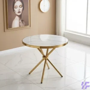 Elegant Round Dining Table with White Marble-Style Top and Luxury Gold Pedestal Base for Modern Kitchens and Contemporary Dining Room Decor