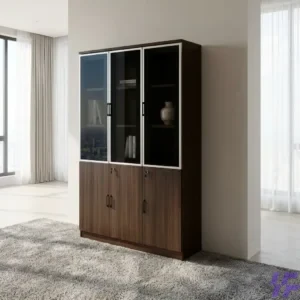 Modern 3-door office storage cabinet with adjustable shelves and a secure locking system for professional workspace organization.