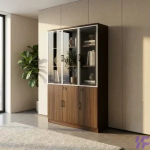 Modern 3-door office storage cabinet with adjustable shelves and a secure locking system for professional workspace organization.