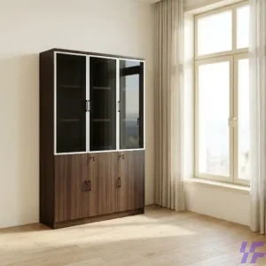 Modern 3-door office storage cabinet with adjustable shelves and a secure locking system for professional workspace organization.
