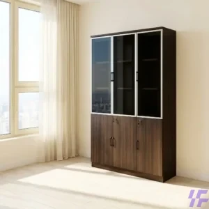 Modern 3-door office storage cabinet with adjustable shelves and a secure locking system for professional workspace organization.