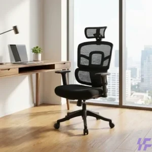 High-back orthopedic ergonomic office chair with adjustable lumbar support and breathable mesh for executive workspace comfort and posture correction.
