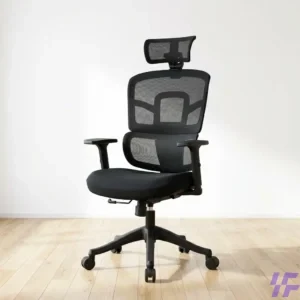 High-back orthopedic ergonomic office chair with adjustable lumbar support and breathable mesh for executive workspace comfort and posture correction.