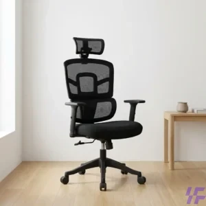 High-back orthopedic ergonomic office chair with adjustable lumbar support and breathable mesh for executive workspace comfort and posture correction.