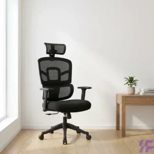 High-back orthopedic ergonomic office chair with adjustable lumbar support and breathable mesh for executive workspace comfort and posture correction.
