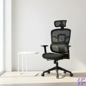 High-back orthopedic ergonomic office chair with adjustable lumbar support and breathable mesh for executive workspace comfort and posture correction.