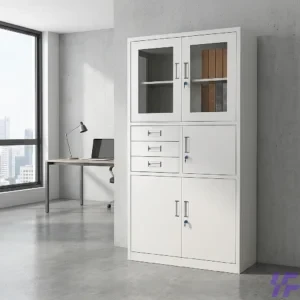 Secure office storage cabinet featuring a built-in electronic safe and lockable wooden doors for confidential document protection and workspace organization.