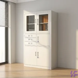 Secure office storage cabinet featuring a built-in electronic safe and lockable wooden doors for confidential document protection and workspace organization.