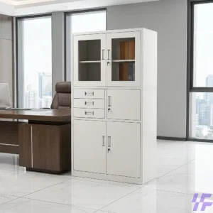 Secure office storage cabinet featuring a built-in electronic safe and lockable wooden doors for confidential document protection and workspace organization.