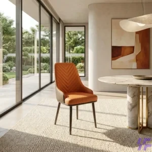 Orange leather dining chair with padded cushioned seat and sturdy metal legs, modern stylish dining seating for home, restaurant, and hospitality spaces in Kenya