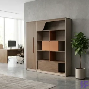 Modern executive office wall unit with sleek storage cabinets, open shelving, and durable premium finish, elegant space-saving furniture solution for organized corporate offices and professional workspaces in Kenya