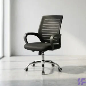 Black mid-back office chair with ergonomic support, cushioned seat, and breathable design, comfortable and durable seating solution for office desks, reception areas, and home workspaces in Kenya