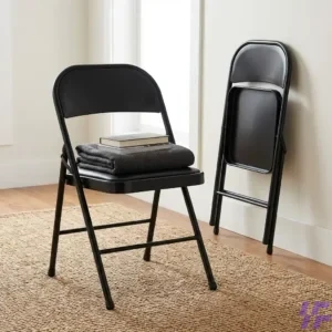 Black foldable study chair with sturdy steel frame and cushioned seat, lightweight space-saving seating solution for students, training rooms, home, and office use in Kenya