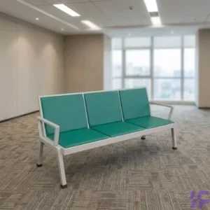 Green 3-seater waiting bench with durable metal frame and cushioned seats, comfortable multi-seat visitor seating for office reception, hospitals, and public waiting areas in Kenya